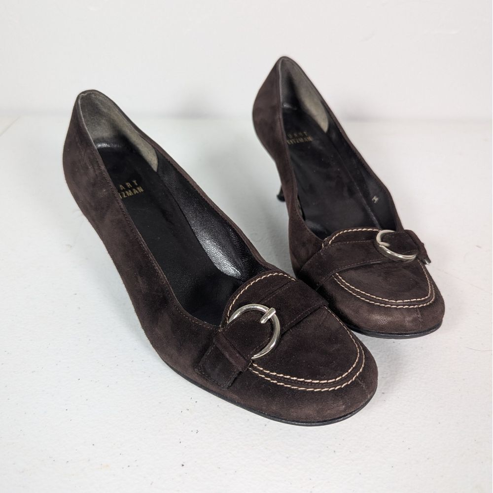 Stuart Weitzman Brown Suede Pumps 5.5‎ M with Silver Buckle Accent